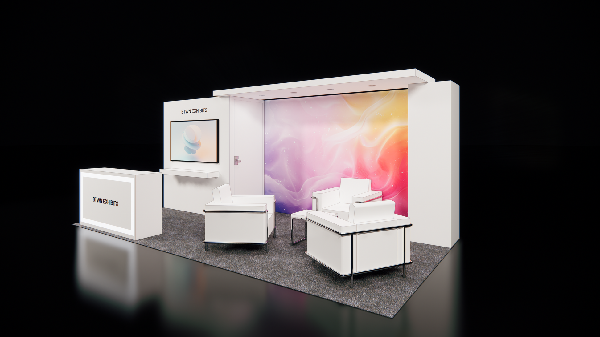White exhibition booth with colorful display and furniture on a black background